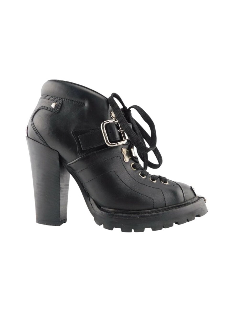 MIU MIU Black Leather Steel Plated Toe Lace Up Buckled Block Heel Booties 35